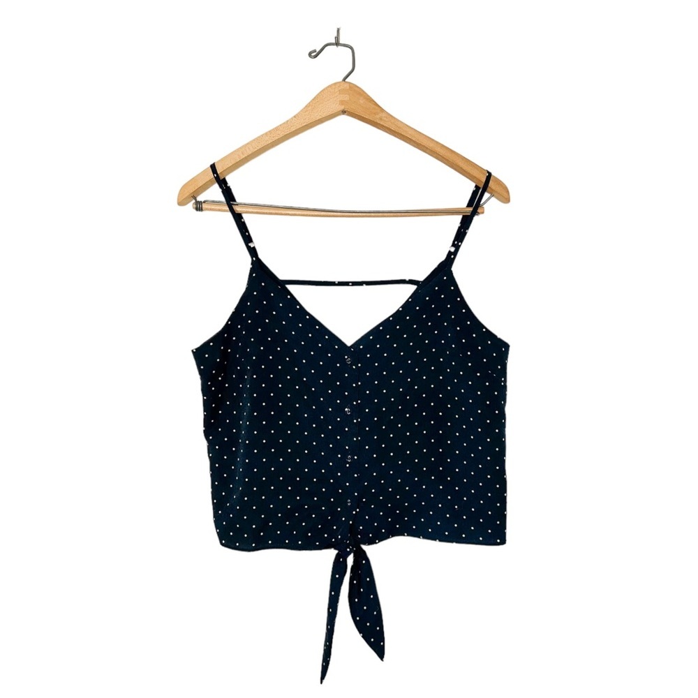 JOA Womens Sleeveless Tie Front Polka Dot Crop‎ Tank Top Navy Blue Medium M